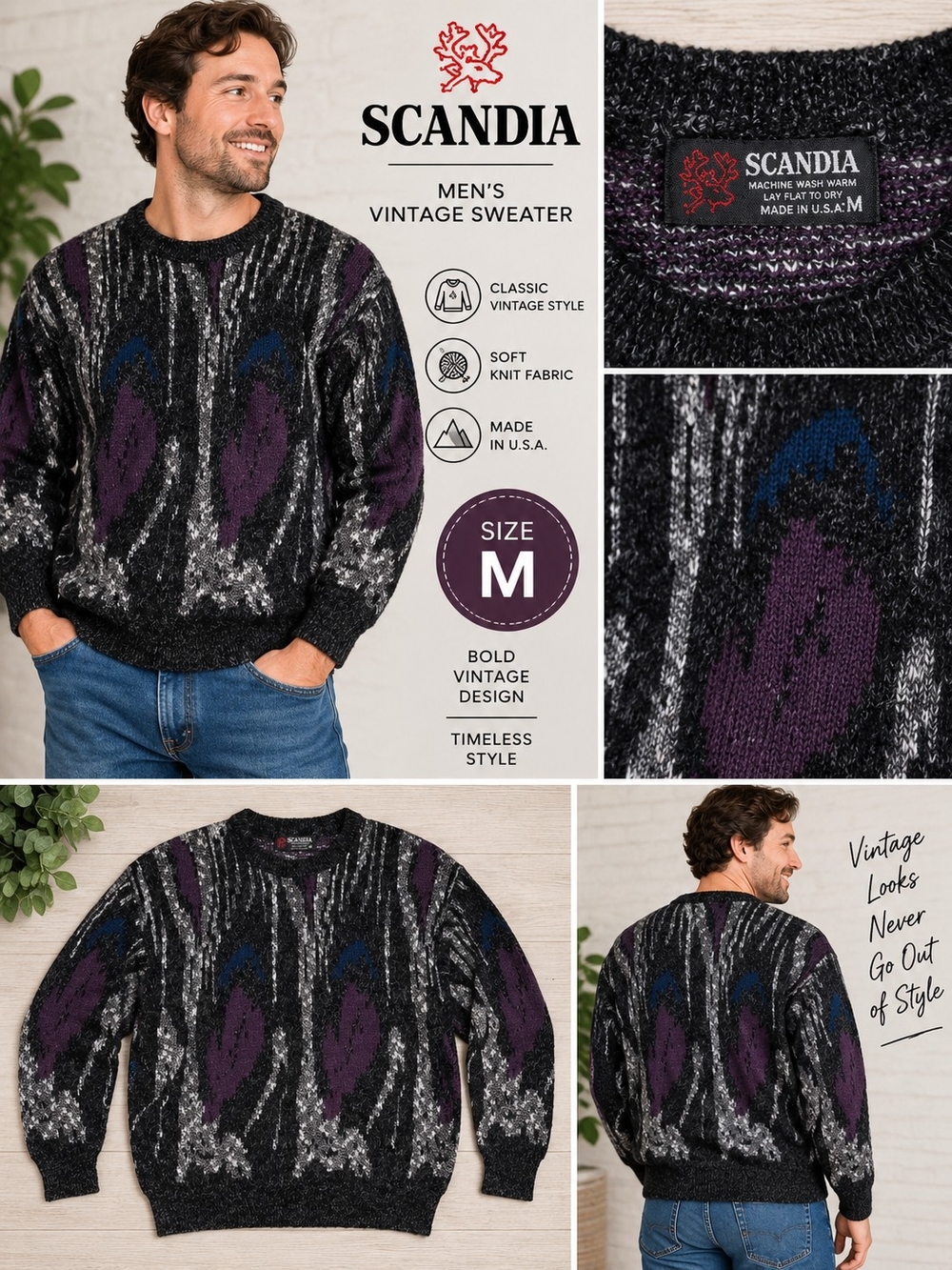 Scandia mens size medium vintage purple black design sweater #33